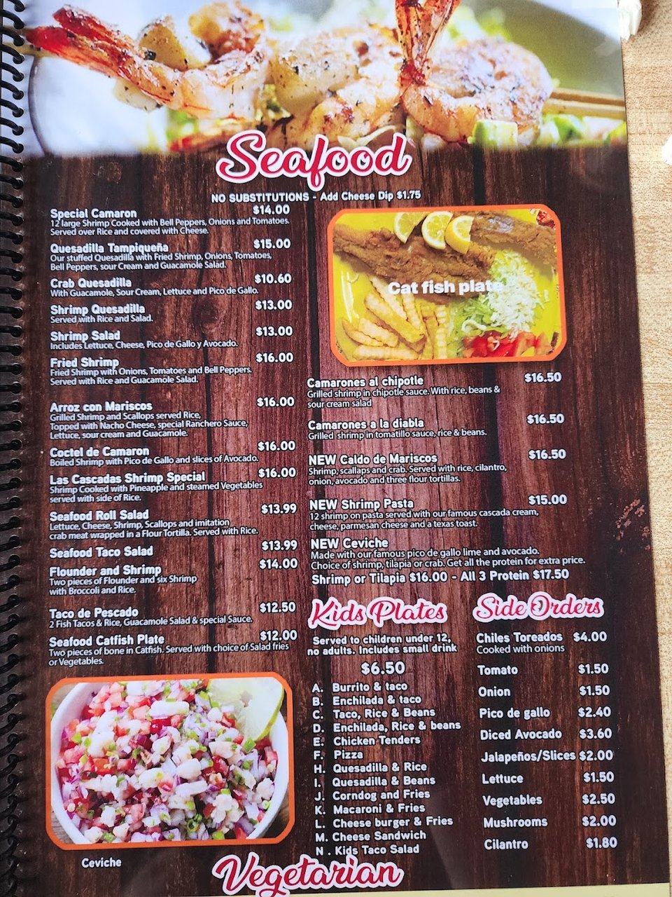 Restaurant menu with appetizers and favorite entrées.